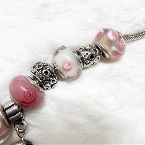 Silver & Pink Glass Bead Charm Bracelet 7-8” - Picture 8 of 10